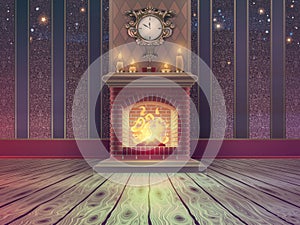 Luxury empty Christmas room template with brick fireplace and fire flames, wooden floor, vintage classic wallpaper vector pattern