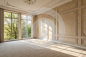 Luxury empty studio room with beige wall and natural tree shadow