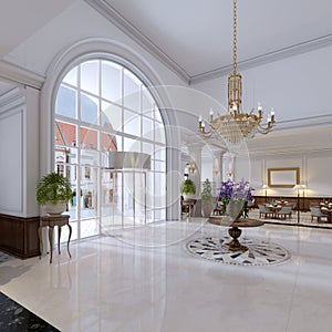 Luxury entrance in classic hotel with a large bouquet of flowers
