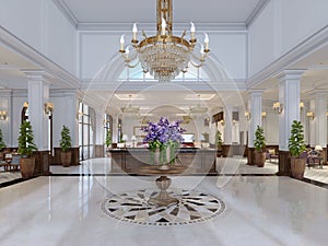 Luxury entrance in classic hotel with a large bouquet of flowers