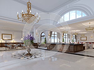 Luxury entrance in classic hotel with a large bouquet of flowers and a large golden chandelier