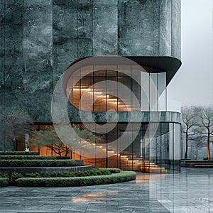 Luxury entrance to a modern office building with marble tiles, glass and wood elements, surrounded by trees and bushes in a rainy