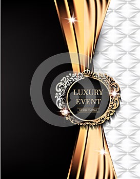 Luxury event elegant card with gold fabric, leather background, vintage frame.