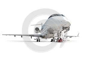 Luxury executive airplane with an opened gangway door isolated on white background