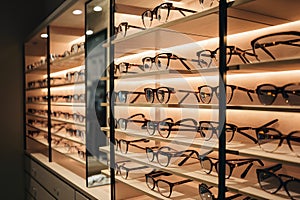 Luxury eyeglass collection elegantly displayed at opticians store