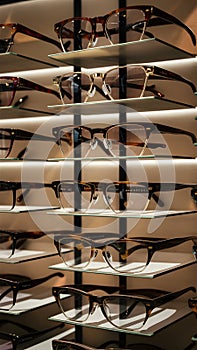 Luxury eyeglass collection elegantly displayed at opticians store photo