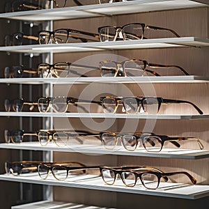 Luxury eyeglass collection elegantly displayed at opticians store photo