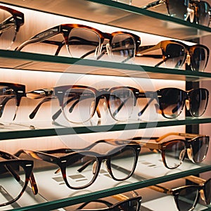 Luxury eyeglass collection elegantly displayed at opticians store photo