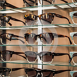 Luxury eyeglass collection elegantly displayed at opticians store photo