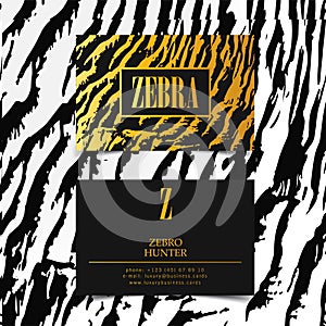 Luxury fashion business cards vector template, banner and cover with golden zebra texture pattern gold details on white