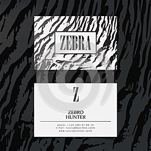 Luxury fashion business cards vector template, banner and cover with zebra texture pattern details on white. Branding