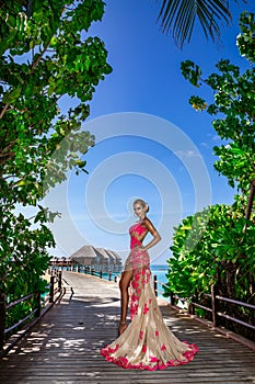 Luxury fashion. Elegant fashion model is posing outdoor. Stylish female model in long gown dress on the Maldives beach. Elegance.