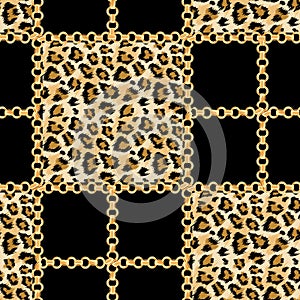 Luxury Fashion Fabric Seamless Pattern with Golden Chains and Leopard Skin Background. Wildlife Animal Fur and Gold Jewellry