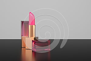 luxury fashion pink and gold lipstick mockup product on a table with white background. 3d render illustration