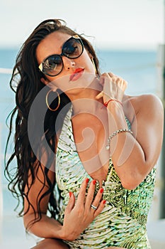 Luxury fashion bikini model on sunbed chill out