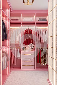 luxury fashionable doll like interior. Dressing room in pink colors. Wardrobe-room