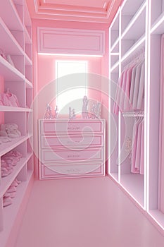 luxury fashionable doll like interior. Dressing room in pink colors. Wardrobe-room.