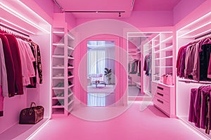 luxury fashionable doll like interior. Dressing room in pink colors. Wardrobe-room.
