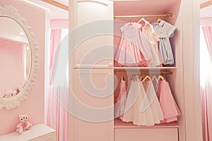 luxury fashionable doll like interior. Dressing room in pink colors. Wardrobe-room.