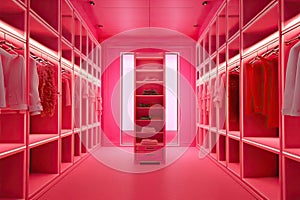 luxury fashionable doll like interior. Dressing room in pink colors. Wardrobe-room.