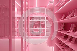 luxury fashionable doll like interior. Dressing room in pink colors. Wardrobe-room