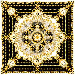 Luxury Fashional Pattern with Baroque and Golden Chains on Black and White Background. Silk Scarf Jewelry Shawl Design. Ready for