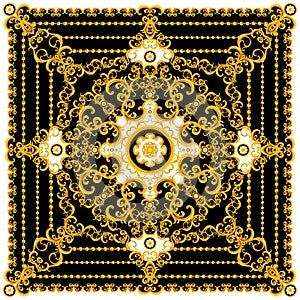 Luxury Fashional Pattern with Baroque and Golden Chains on Black and White Background.  Silk Scarf Jewelry Shawl Design. Ready for