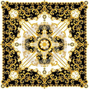 Luxury Fashional Pattern with Baroque and Golden Chains on Black and White Background.  Silk Scarf Jewelry Shawl Design. Ready for