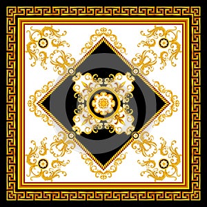 Luxury Fashional Pattern with Baroque and Golden Chains on Black and White Background.  Silk Scarf Jewelry Shawl Design. Ready for