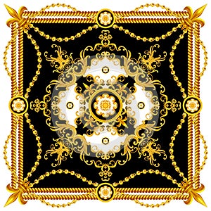 Luxury Fashional Pattern with Baroque and Golden Chains on Black and White Background.  Silk Scarf Jewelry Shawl Design. Ready for