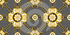 Luxury Fashional Pattern with Baroque and Golden Chains on Black and White lined Background.  Silk Scarf Jewelry Shawl Design. Rea