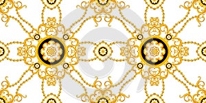 Luxury Fashional Pattern with Baroque and Golden Chains on White Background.  Silk Scarf Jewelry Shawl Design. Ready for Textile P