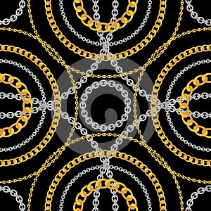 Luxury Fashional Pattern with Golden Chains on Black Background. Silk Scarf Jewelry Shawl Design. Ready for Textile Prints.