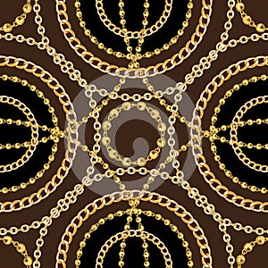 Luxury Fashional Pattern with Golden Chains on Dark Brown Background. Silk Scarf Jewelry Shawl Design. Ready for Textile Prints.