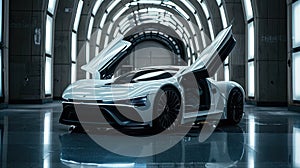 Luxury fast white sports car, futuristic vehicle in neon light, AI generated