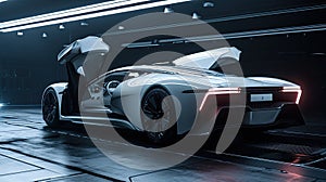 Luxury fast white sports car, futuristic vehicle in neon light, AI generated