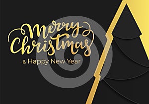 Luxury festive Christmas card design in fashionable noir style with modern black and gold colors. New Year postcard with golden fo