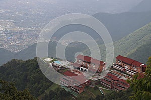 Luxury five star hotel with scenic view of the city from top of the hill near the mountain valley offers a comfortable