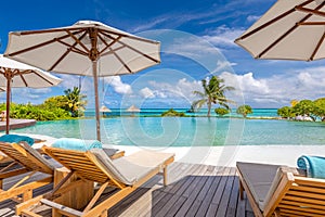 Luxury five stars holiday resort infinity jungle pool on tropical paradise island. sunny weather, palm trees blue sea