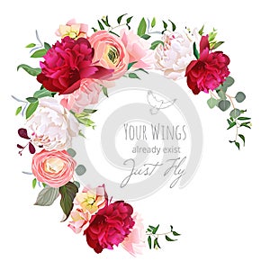 Luxury floral vector round frame with ranunculus, peony, rose, carnation, green plants on white