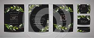Luxury Flower Vintage Wedding Save the Date, Invitation Floral Cards Collection with Gold Foil Frame. Vector trendy cover, graphic
