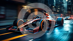 Luxury Formula1 car high speed running through the city streets. created with Generative AI