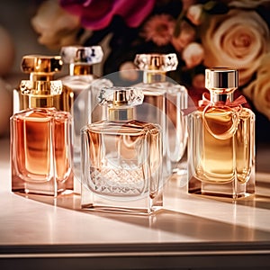 Luxury fragrance bottles at perfume scent at presentation event, bespoke perfumery and beauty product sale, generative