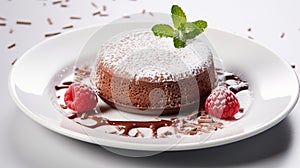 Luxury French dessert Chocolate souffle on plate, gourmand food photo