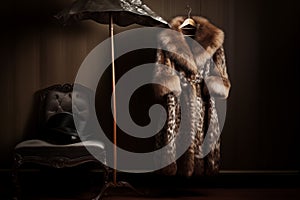 Luxury fur coat hanging on brass coat stand. Generative AI
