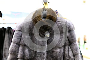 Luxury fur coats hanging on rack