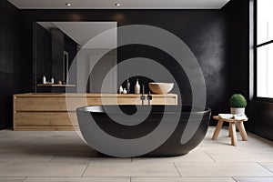 luxury furniture interior bathroom black 3d bathtub wood modern home design. Generative AI.