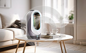 luxury futuristic air purifier a living room, air cleaner removing fine dust in house. protect PM 2.5 dust and air pollution