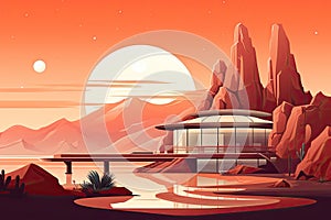 luxury futuristic house in desert landscape with pool AI generated