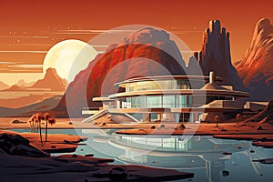 luxury futuristic house in desert landscape with pool AI generated